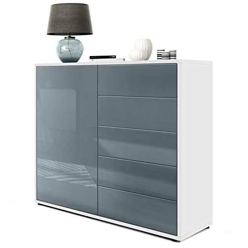 Vladon Sideboard Ben V2, Kommode mit 1 Tür und 5 Schubladen, Weiß matt/Grau Hochglanz (79 x 74 x 36 cm)