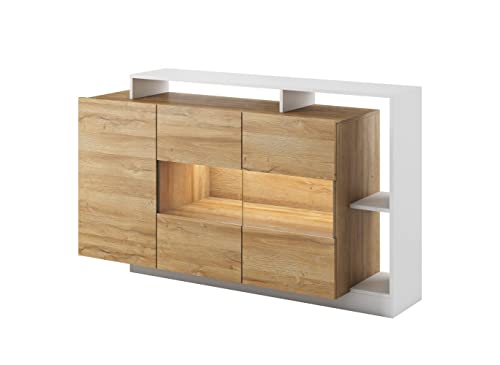 Furniture24 Kommode ALVA Sideboard 155 cm breit 3 Türiger mit Led Beleuchtung Schrank Wohnzimmerschrank mit Aufsatz Grandson Eiche Weiß