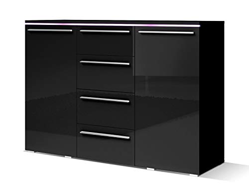 Furniture24 Kommode Amber 26 Sideboard mit 2 Türen, 4 Schubladen und Led RGB Beleuchtung (Schwarz/Schwarz Hochglanz)