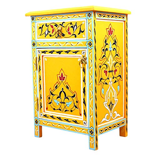 Orientalische Kommode Gelb Vollholz Handbemalt H 68 cm 1 Schublade 1 Tür | Antik Vintage Marokkanische Sideboard Anrichte | Echtes Kunsthandwerk aus Agadir | 100125