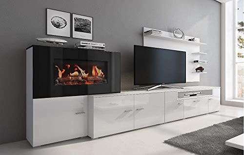 Home innovation-Wohnmöbel mit elektrischem Kamin mit 5 Flammenstufen, Oberfläche Mattweiß und Hochweiß lackiert, Maße: 290 x 170 x 45 cm tief