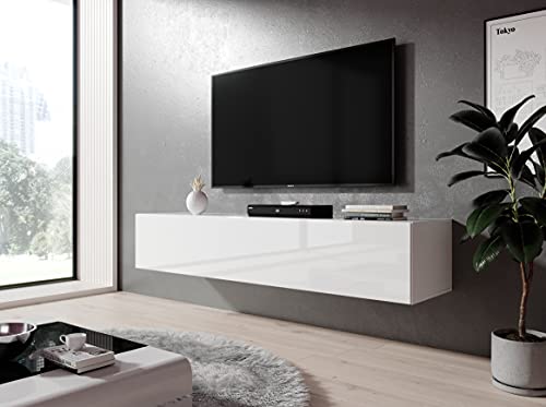 Furnix Kommode Zibo Fernsehschrank B160 x H34 x T34 cm   hängender Lowboard Sideboard, 2 Ablagen mit Klappen, max. Belastung bis 30 kg, Wandmontage, Glänzend Weiß