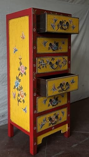 Antike chinesische Kommode Tibet Anrichte Asia Sideboard Chinakommode mit 6 Schubladen Breite45xHöhe115cm Farbe: Rot mit gelb